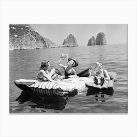 Eating Pasta on a Lake, Three Women On Raft, Funny Black and White Vintage Photo Canvas Print