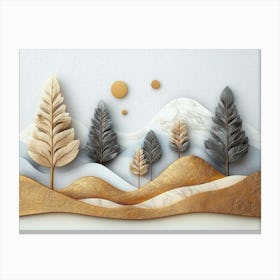 3d Jungle Landscape, Forest Christmas Tree, Marble Golden Mountain Canvas Print