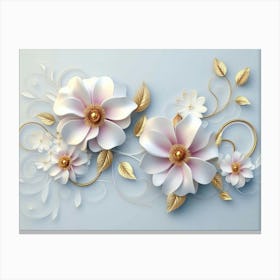 3d Art With White And Pink Flowers, Golden Swirls And Leaves On Light Blue 1 Canvas Print