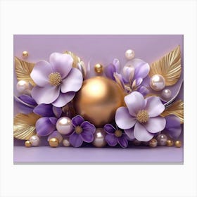 3d Floral and Geometric Objects Gold Ball and Pearls, Gold Jewelry Canvas Print