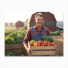 Smiling Farmer Holding A Crate Of Fresh Produce In A Field 10 Canvas Print