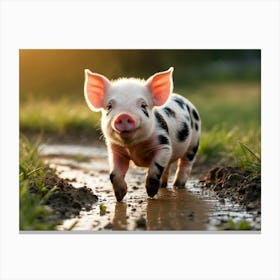 Cute Pig Walking In Puddle Canvas Print