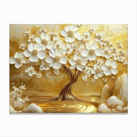 3d Art Golden Tree with White Flowers Canvas Print