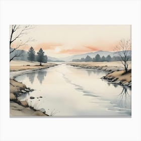 A Watercolor Painting Of A River Winding Through A Valley With Mountains In The Background Canvas Print