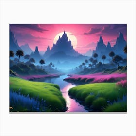 An Illustration Of A Fantasy Landscape With Tall Mountains, A River, And Palm Trees Under A Vibrant Pink Sky Canvas Print