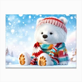 Polar Bear Cub Clad In Colorful Knit Winter Sweater With Matching Pompom Hat Sitting Serenely Withi Canvas Print