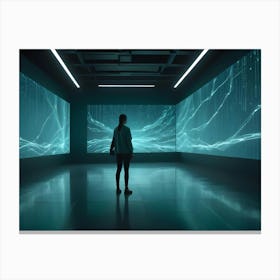 A Woman Stands In A Futuristic Room Surrounded By Screens Displaying Abstract Digital Patterns Of Light And Data Canvas Print