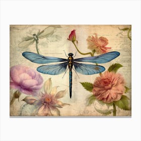 Dragonfly Botanical Vintage Illustration Pastel 3 Canvas Print