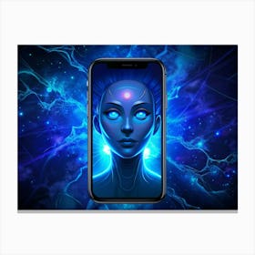 Woman S Face On A Smartphone Screen With A Blue And Purple Background 1 Canvas Print