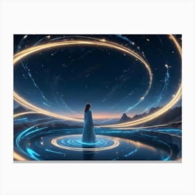 A Woman In A White Dress Stands In A Magical Landscape, Surrounded By Glowing Circles Of Light, Creating A Sense Of Wonder And Possibility 1 Canvas Print