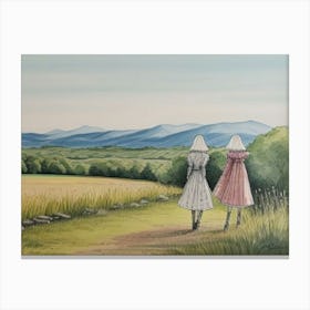 Two Girls Walking In The Field Canvas Print