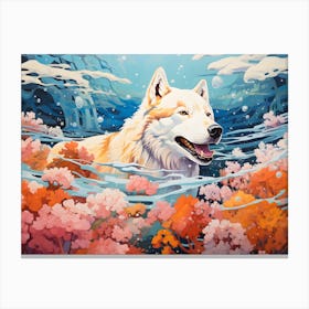 Siberian Husky Dog Swimming In The Sea Canvas Print