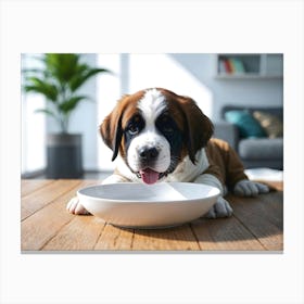 St. Bernard Puppy eating from a bowl 1 Canvas Print