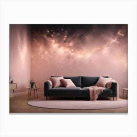 A Modern Living Room With A Dark Gray Sofa And A Pink Nebula Wallpaper, Creating A Cozy And Cosmic Ambiance Canvas Print