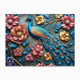 Elegant Leather Base Combines Bright Color Floral With Exotic Oriental Pattern Flowers And Peacocks Illustration Canvas Print