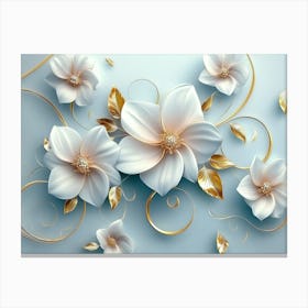 3d Art with White and Pink Flowers, Golden Swirls and Leaves on Light Blue Background 1 Canvas Print