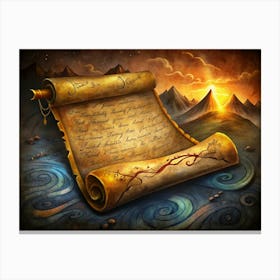 A Rolled Up Ancient Manuscript With Mountains And A Sunset In The Background Canvas Print