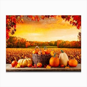 Autumnal Farm Landscape Pumpkins And Cornstalks Surround A Rustic Wooden Basket Filled With Apples 2 1 Canvas Print