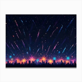 An Illustration Of A Cityscape With A Vibrant Display Of Fireworks Exploding In The Night Sky Canvas Print