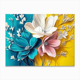 Modern Scene with Spectacular Hyper Realistic Abstract of Spring Flowers, Yellow, Blue, Teal Canvas Print