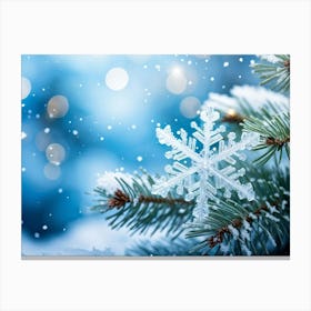 Closeup Of A Single Snowflake Crystalizing Into Magical Frost White Fir Needles Gently Dusted With (1) Canvas Print