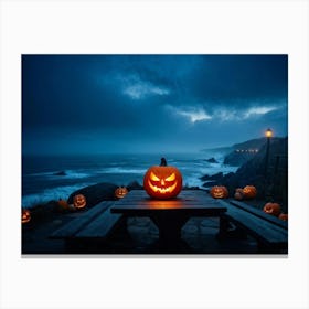 Coastline Celebration Captured At Dusk A Single Jack O Lantern With A Carved Face Glowing Eerily On (5) Canvas Print