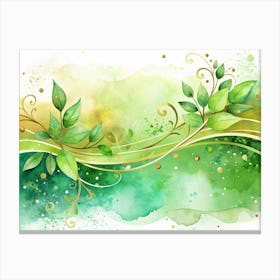 Watercolor Floral Background With Green Leaves And Golden Vines Canvas Print