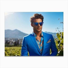 A Fashionable Businessman In A Playful Summer Setting His Sunglasses Reflecting The Mountain Filled Canvas Print