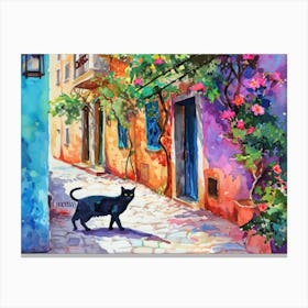 Antalya, Turkey   Black Cat In Street Art Watercolour Painting 4 Canvas Print