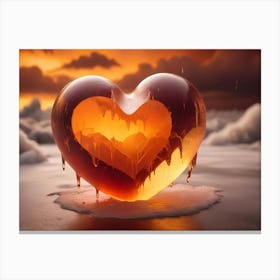 A 3d Rendering Of A Heart Shaped Glass Object, With A Golden Glow And Dripping Liquid Canvas Print