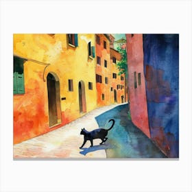 Black Cat In Siena, Italy, Street Art Watercolour Painting 2 Canvas Print