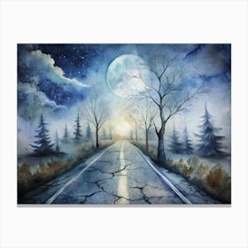 A Cracked Road Under A Full Moon Surrounded By L (1) Canvas Print