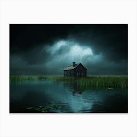 Old House With Its Weathered Walls Reflects On A Tranquil Pond Surrounded By Wisps Of Clouds Agains Canvas Print