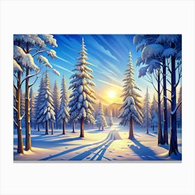 Snowy Forest Scene At Sunset Canvas Print