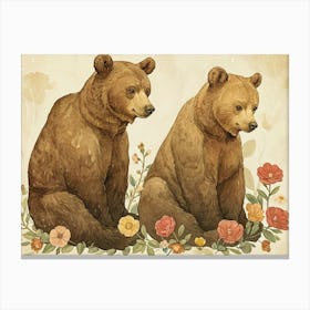 Floral Animal Illustration Brown Bear 4 Canvas Print