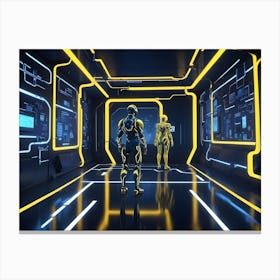 Two Futuristic Humanoid Robots Stand Facing Each Other In A Dark Corridor With Glowing Yellow Lines And Digital Displays Canvas Print