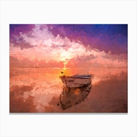 Lonely Boat In The River At Sunset Oil Painting Landscape Canvas Print