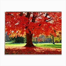 An Autumn Oak Tree Abundantly Lit Branches Spreading Widely Spanning A Slim Sleek Card Leaves Bla (5) Canvas Print