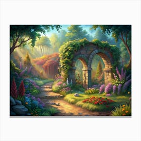 Stone Archway In A Lush Forest Garden Canvas Print