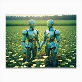 Two Identical Blue Robots Stand In A Field Of Green Plants 1 Canvas Print