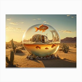 Elephant Sized Goldfish Swimming Within A Colossal Fishbowl In A Desolate Desert Landscape Towering Canvas Print