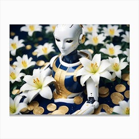 An Android With Gold Accents Lays In A Bed Of White Lilies Surrounded By Gold Coins Canvas Print