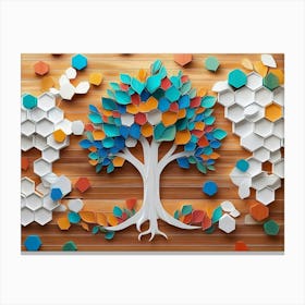 Vibrant With A Whimsical Tree, White Lattice Tiles, And Colorful Hexagons On Oak Wood 1 Canvas Print