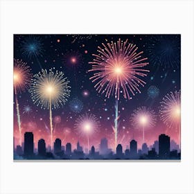 Watercolor Illustration Of Colorful Fireworks Exploding In The Night Sky Over A Silhouetted Cityscape Canvas Print