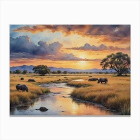 Sunset In The Plains The Golden Heart of Africa Canvas Print