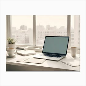 A Laptop With A Blank Screen, Two Coffee Cups, Notebooks, And A Plant, Situated On A Windowsill Overlooking A Cityscape Canvas Print