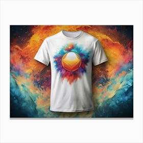 White T Shirt With A Geometric Logo And A Colorful Nebula Background Canvas Print