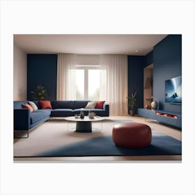 A Living Room With A Blue Wall, A Blue Couch, A Red Ottoman, And A Large Screen Television Canvas Print