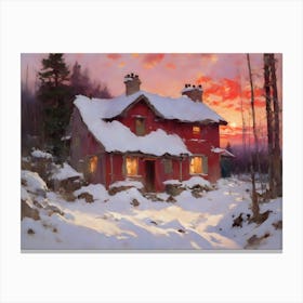 Red Cabin At Sunset Canvas Print