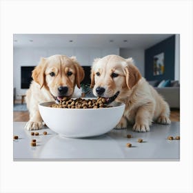 Golden Retriever Puppies Eating Food Canvas Print